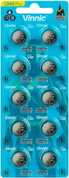 AG13 VINNIC alkaline1,5V /LR44, 357, A76, AG13, 44A, 303, 1154, PR675 / vhodná i do levných naslouchadel. BL10, cena 1ks 