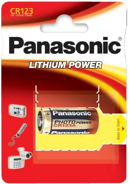 CR123A  PANASONIC lithium, 3V. Také 17345 nebo 5018LC. Baterie pro led svítilny foto, alarm, dálkový ovladač a pod.